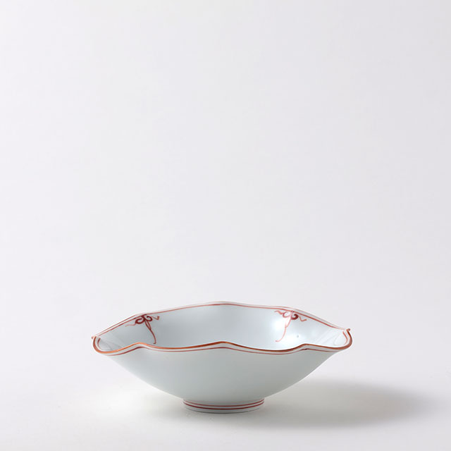 渕ヨーラク楕円鉢 白地朱の渕